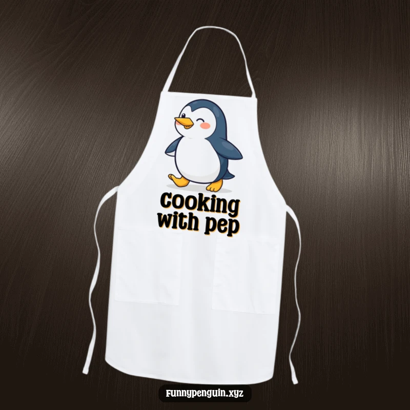 Funny apron with a penguin waddling cheerfully, adding a playful and happy element to kitchen tasks, a great funny gift.