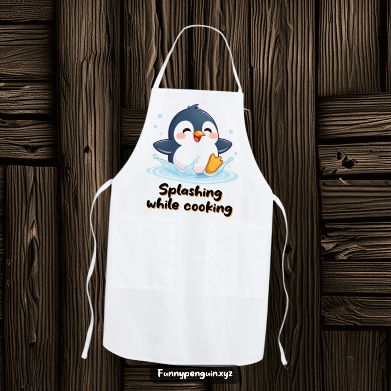 Funny apron featuring a kawaii penguin joyfully splashing in a puddle, perfect for kitchen fun.