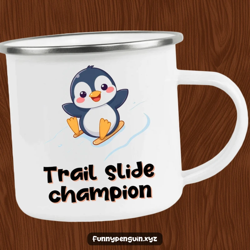 Funny camping mug featuring a kawaii penguin happily sliding down an icy slope, perfect for winter adventures.