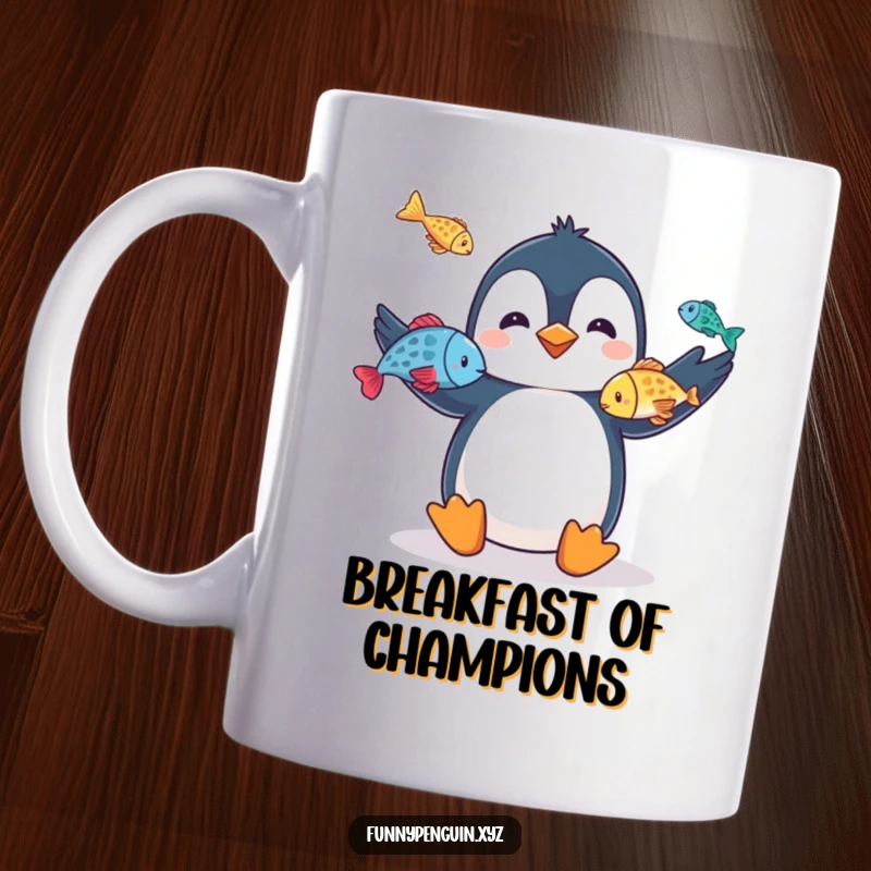 Funny mug showing a penguin skillfully juggling three colorful fish with its flippers, highlighting a hilarious talent, a perfect gift.