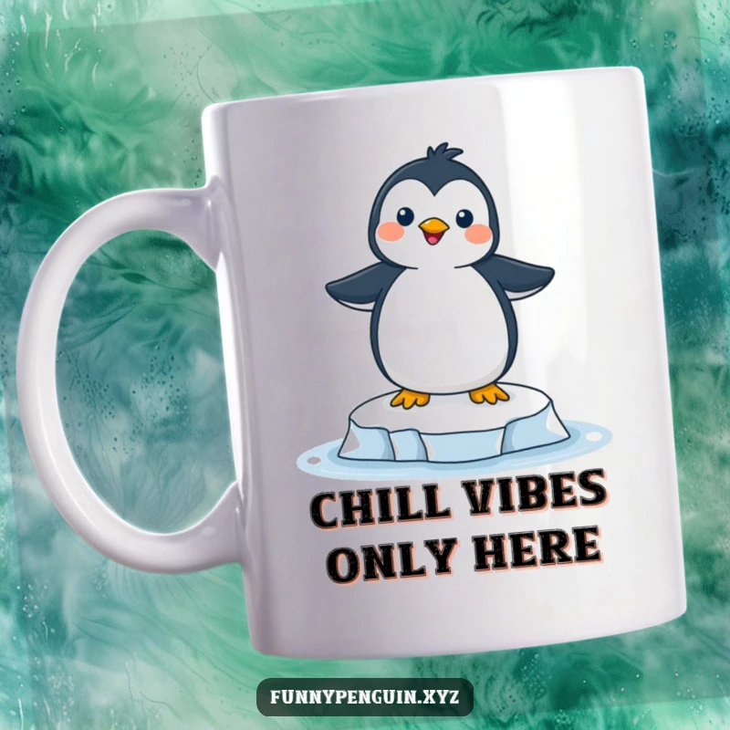 Funny mug showing a joyful penguin enthusiastically balancing on a tiny, precarious ice floe, radiating pure happiness.
