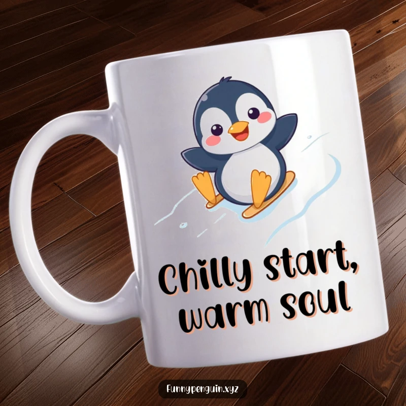 Funny mug with a kawaii penguin joyfully sliding down a snowy icy slope, capturing pure winter fun.