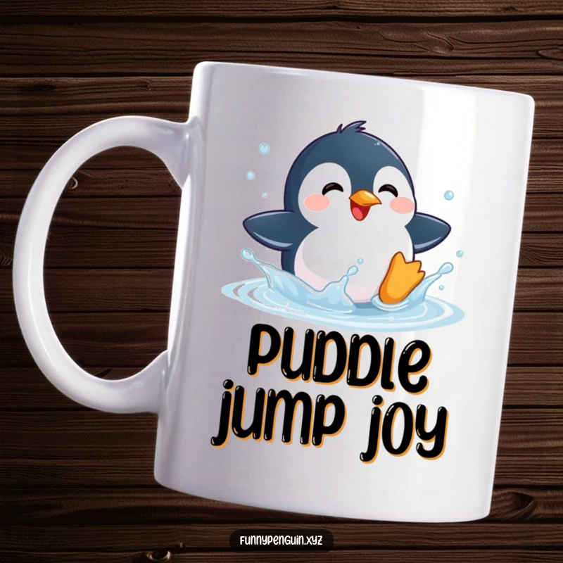 Funny mug showing a kawaii penguin delightedly splashing in a puddle, radiating pure, unadulterated joy.