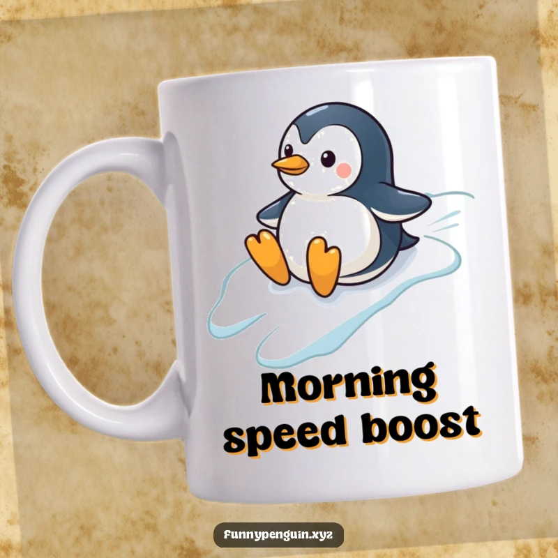Funny mug featuring a small penguin sliding down an icy hill with flippers out, capturing hilarious winter action, a perfect gift.