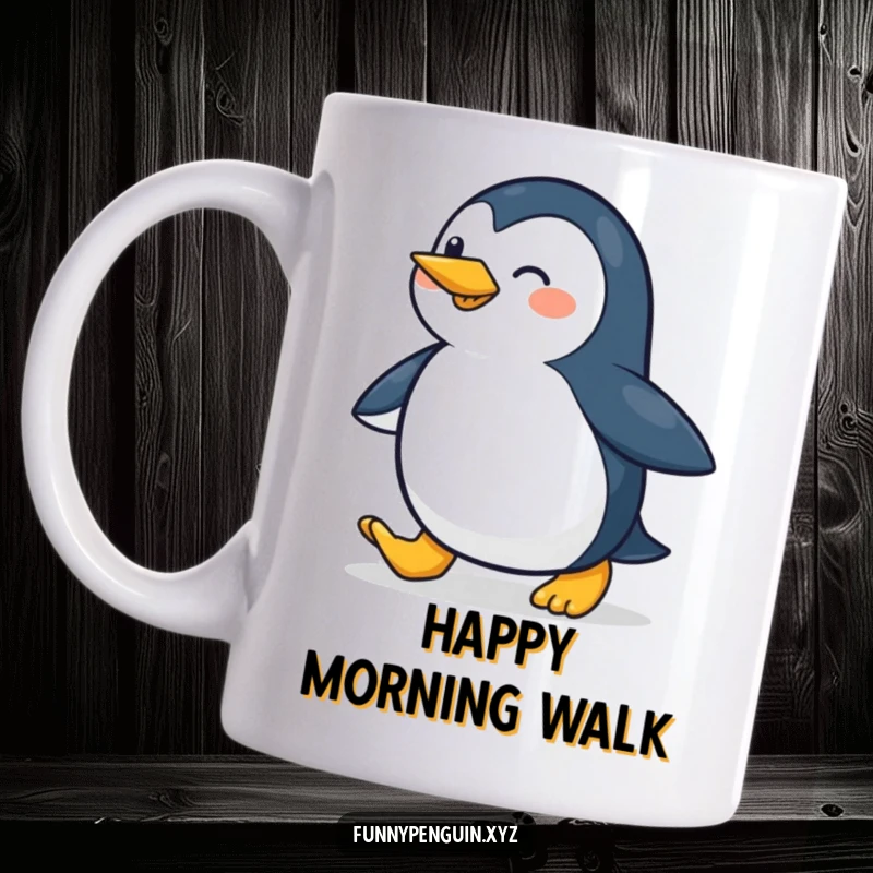 Funny mug featuring a penguin waddling forward with excitement, embodying cheerful energy and happiness, a perfect gift.
