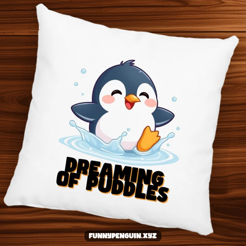 Funny pillow showcasing a kawaii penguin delightedly splashing in a puddle, adding a joyful touch.