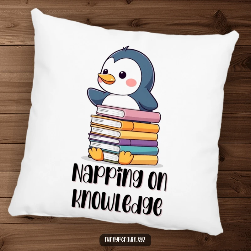 Funny pillow showcasing a kawaii penguin balancing a stack of slippery books, adding a scholarly touch.