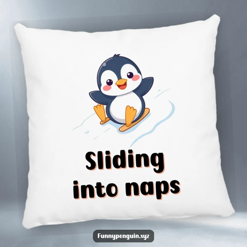 Funny pillow showcasing a happy kawaii penguin sliding down an icy slope, adding a touch of winter joy.