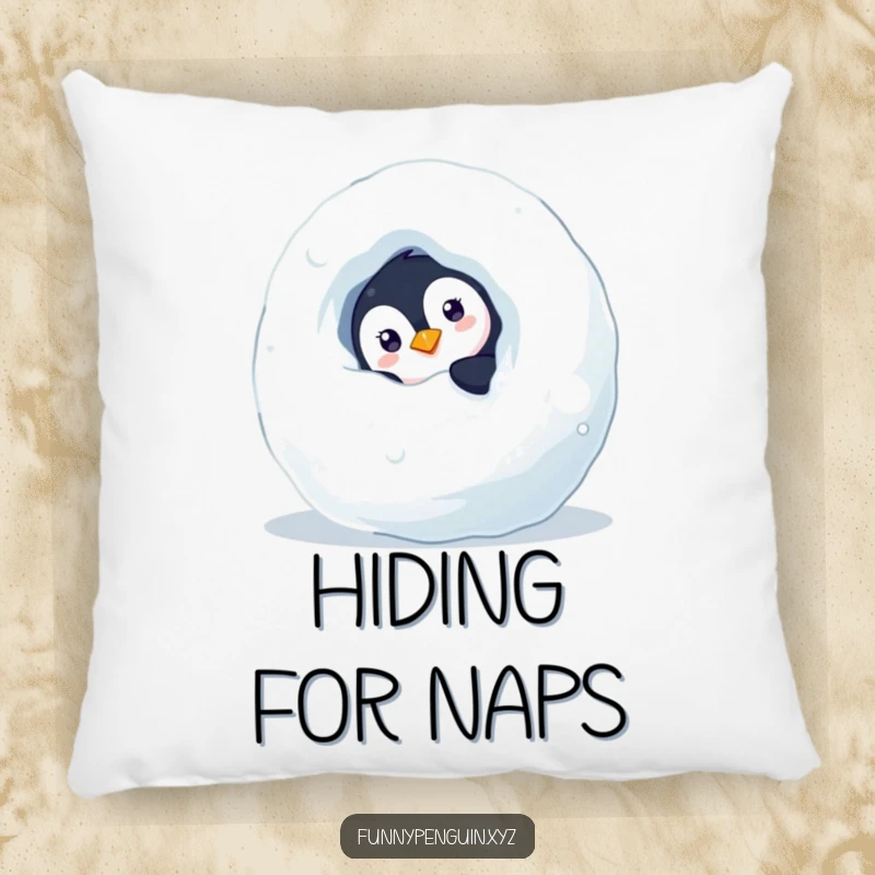Funny pillow featuring a curious penguin peeking from behind a snowball, adding a cozy and playful winter touch to any room.