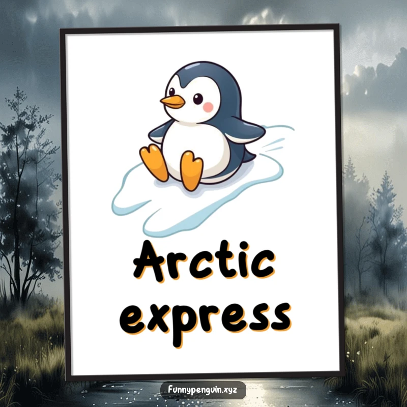 Funny digital art print of a penguin sliding down a snowy hill, perfect for instant wall decor and bringing winter joy.