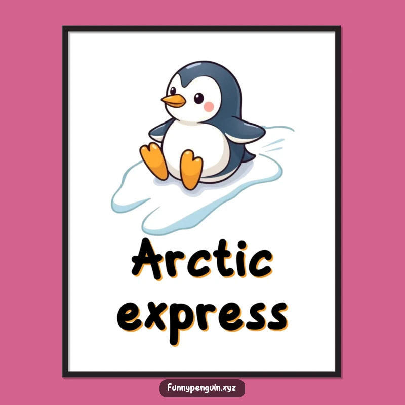 Digital Funny Penguin Print: Sliding Penguin, Instant Winter Art