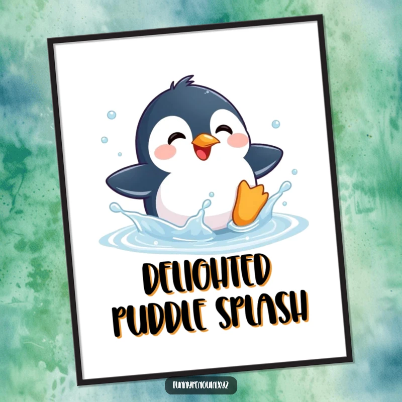 Funny digital art print of a kawaii penguin joyfully splashing in a puddle, radiating pure delight.