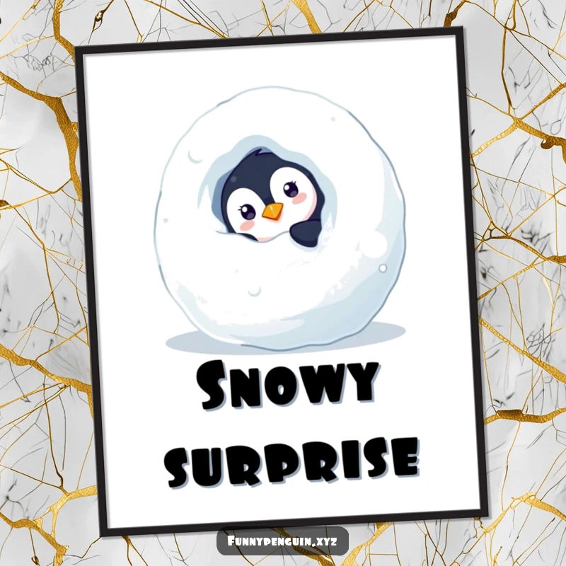 Funny digital art print of a curious penguin peeking from behind a snowball, perfect for instant wall decor and adding playful winter charm.