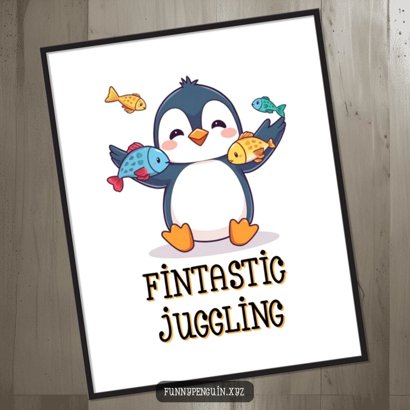 Funny digital art print of a penguin juggling fish, perfect for instant wall decor and adding a splash of talented entertainment.