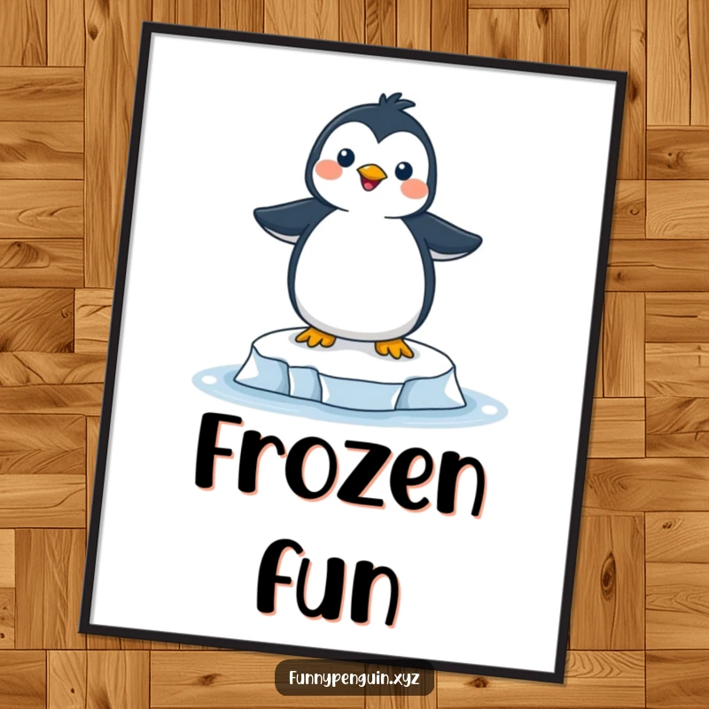 Funny digital art print of a joyful penguin in ecstatic balance atop a small ice floe, ready to spread cheer.