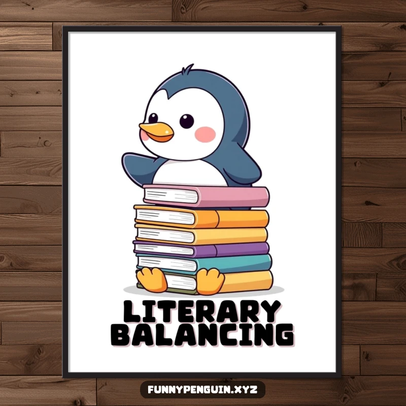 Funny digital art print of a kawaii penguin balancing a stack of slippery books, humorous academic theme.
