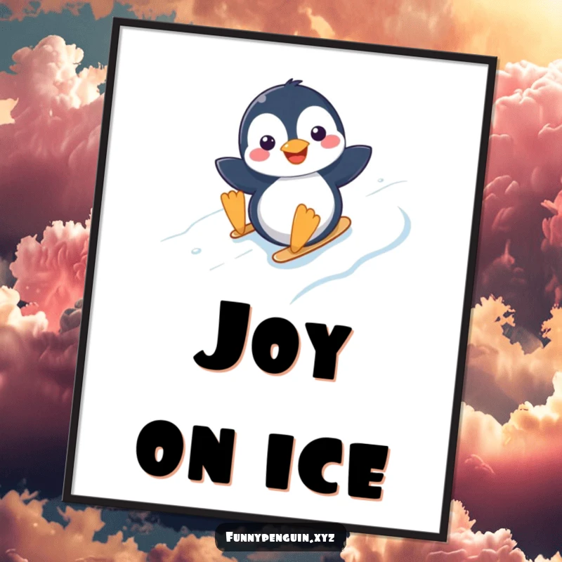 Funny digital art print of a kawaii penguin with a joyful expression sliding down an icy slope, festive decor.