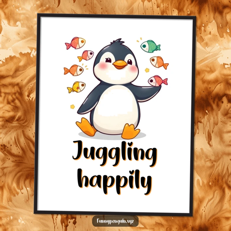 Funny digital art print of a kawaii penguin juggling colorful fish with exaggerated, comical movements, circus theme.