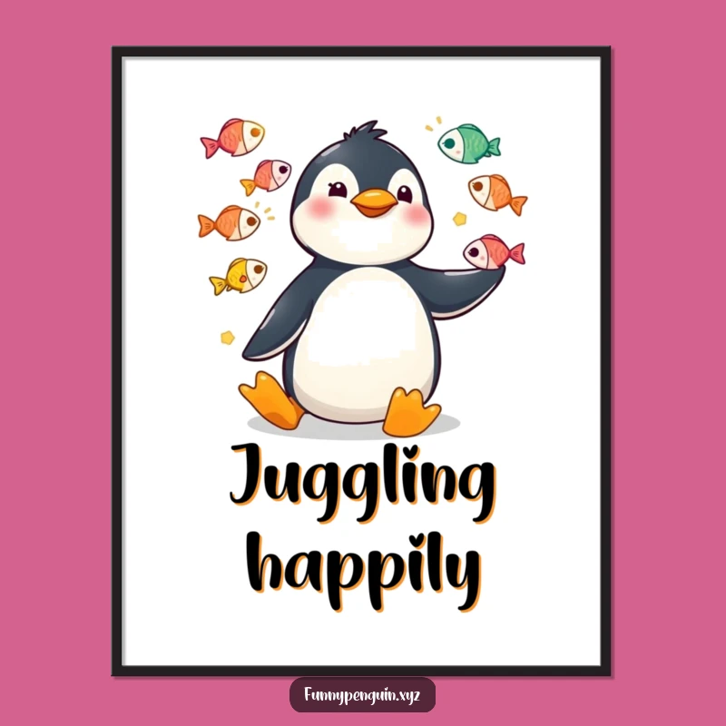 Funny Kawaii Penguin Juggling Fish Digital Art - Circus Decor