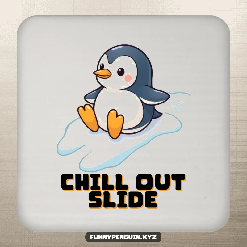 Funny drink coaster featuring a penguin sliding down a hill, protecting surfaces with a touch of wintery fun, a great funny gift.