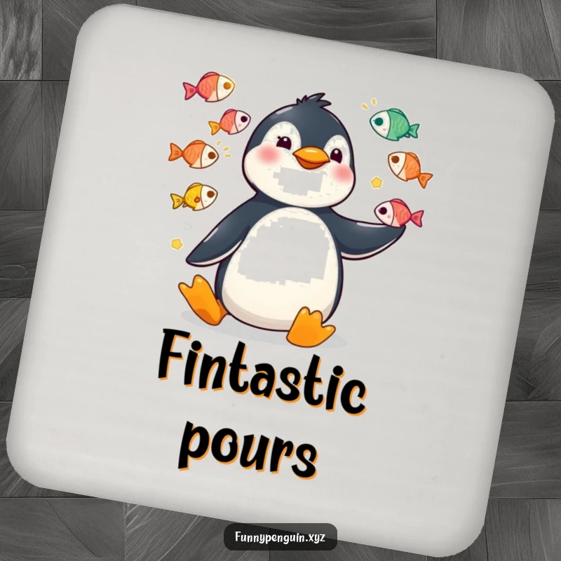 Funny drink coaster with a kawaii penguin juggling colorful fish with exaggerated, funny movements.