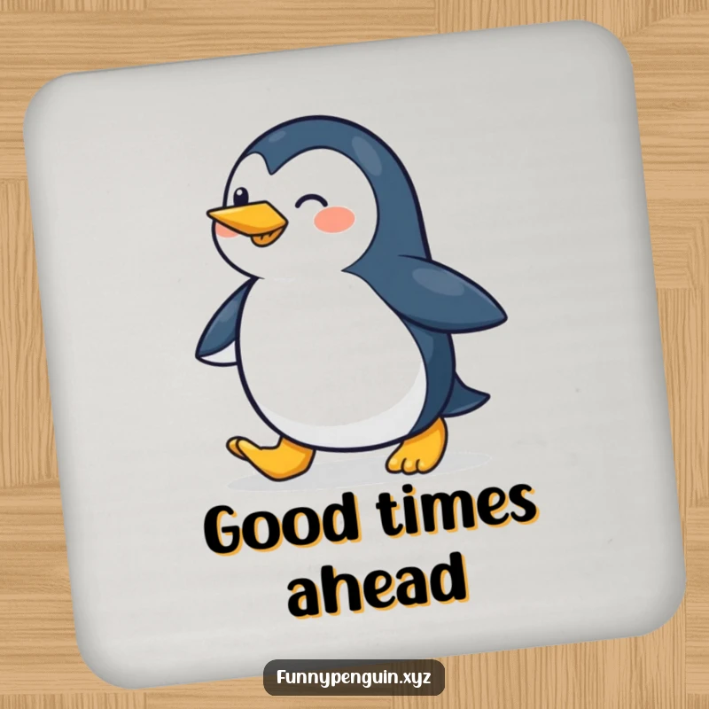 Funny drink coaster featuring a penguin waddling cheerfully, protecting surfaces with a dose of happiness, a great funny gift.