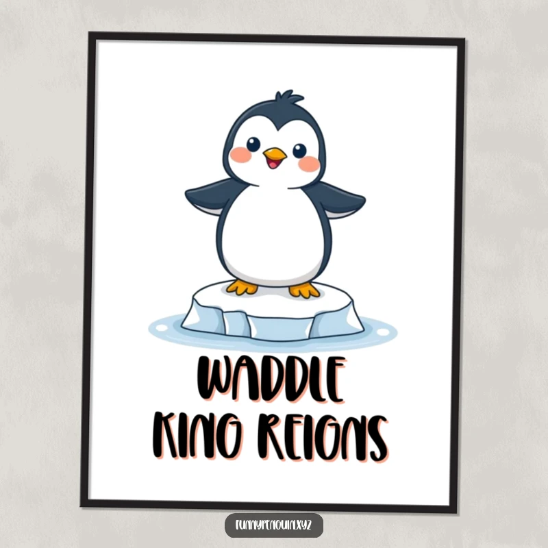 Funny poster capturing a joyful penguin in a state of pure bliss while balancing on a small, wobbly ice floe.