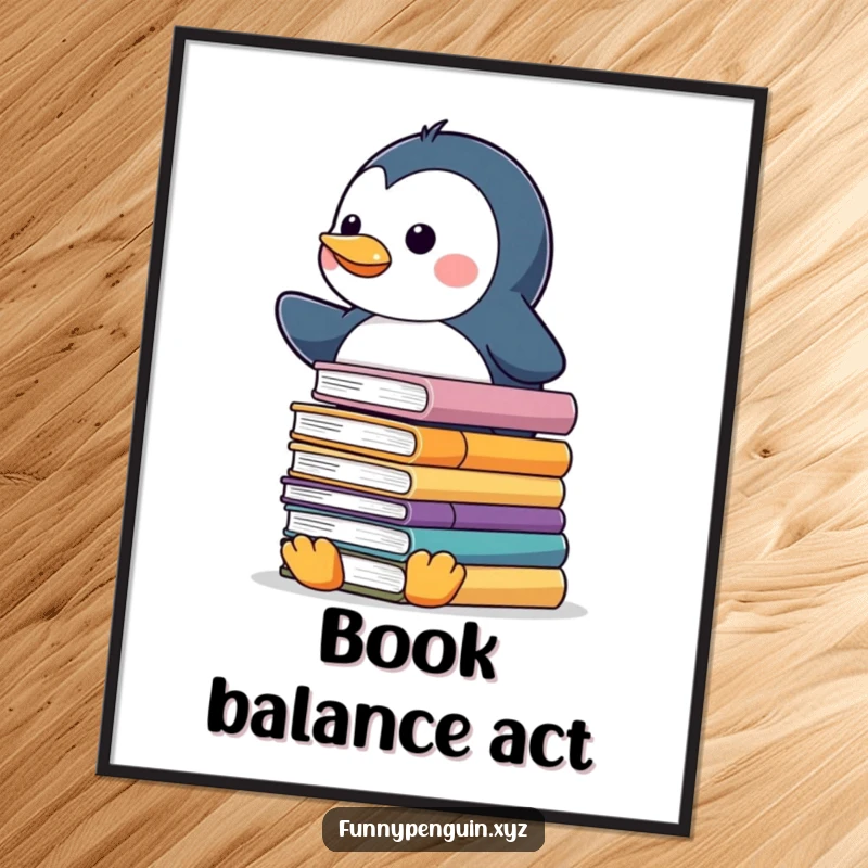 Funny poster of a kawaii penguin precariously balancing a large stack of slippery books, a humorous academic scene.
