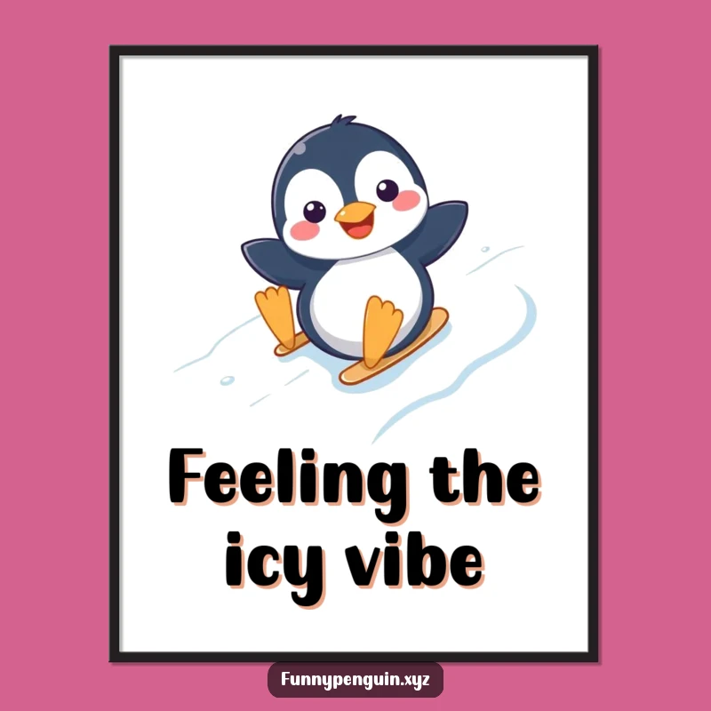 Funny Kawaii Penguin Sliding Poster - Joyful Winter Wall Art