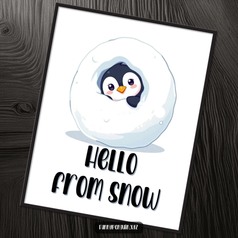 Funny poster art of a curious penguin peeking from behind a snowball, capturing playful hide-and-seek, perfect wall decor.