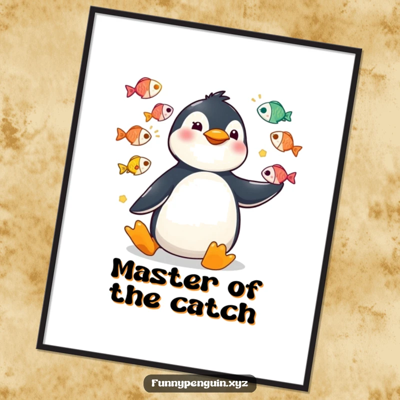 Funny poster of a kawaii penguin performing a juggling act with colorful fish, using exaggerated comical movements.