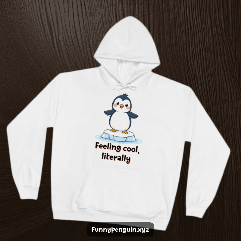 Funny hoodie showcasing a gleeful penguin perfectly balanced on a tiny ice floe, exuding contagious happiness and fun.