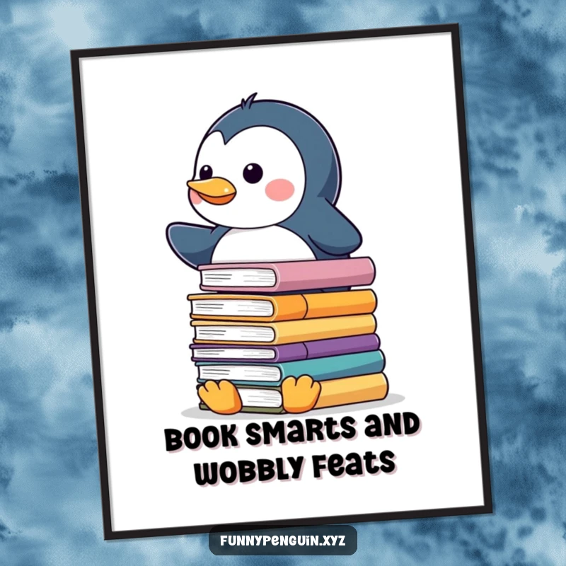 Funny Free Printable Wall Art of a kawaii penguin attempting to balance a stack of slippery books, adding whimsical charm.