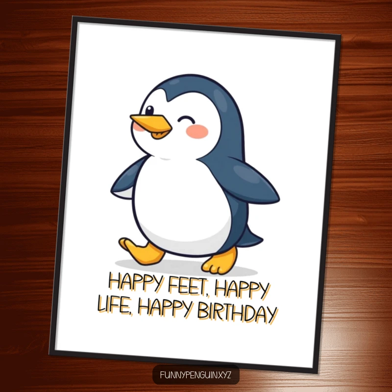 Funny Free Printable wall art of a penguin waddling forward with a cheerful, excited stride, embodying pure happiness and forward motion.