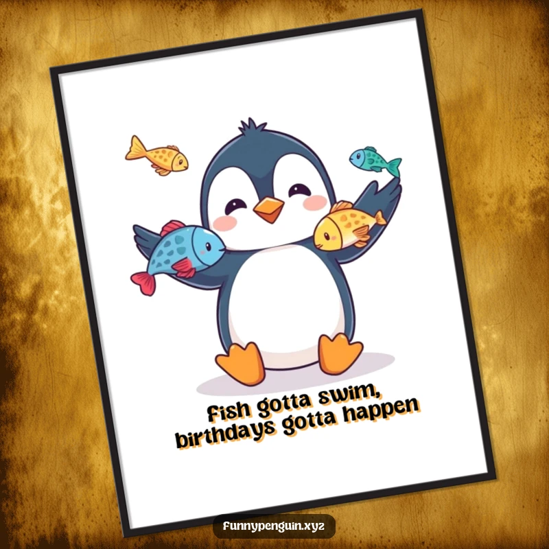 Funny Free Printable wall art of a penguin impressively juggling three colorful fish with its flippers, showcasing amazing dexterity and humor.