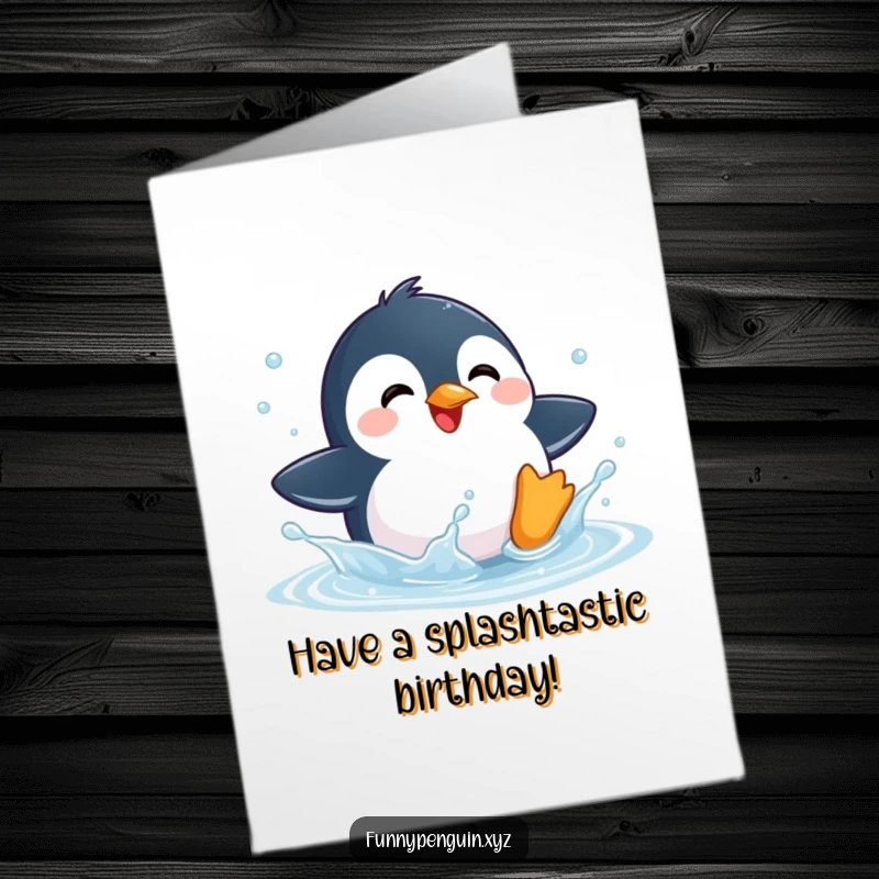 Funny Free Printable Birthday Card featuring a kawaii penguin gleefully splashing in a puddle, ready to deliver birthday wishes with joy.