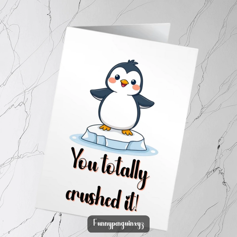 Funny Free Printable Congratulations Card: Ecstatic penguin striking a joyful pose on a small ice floe, celebrating success.