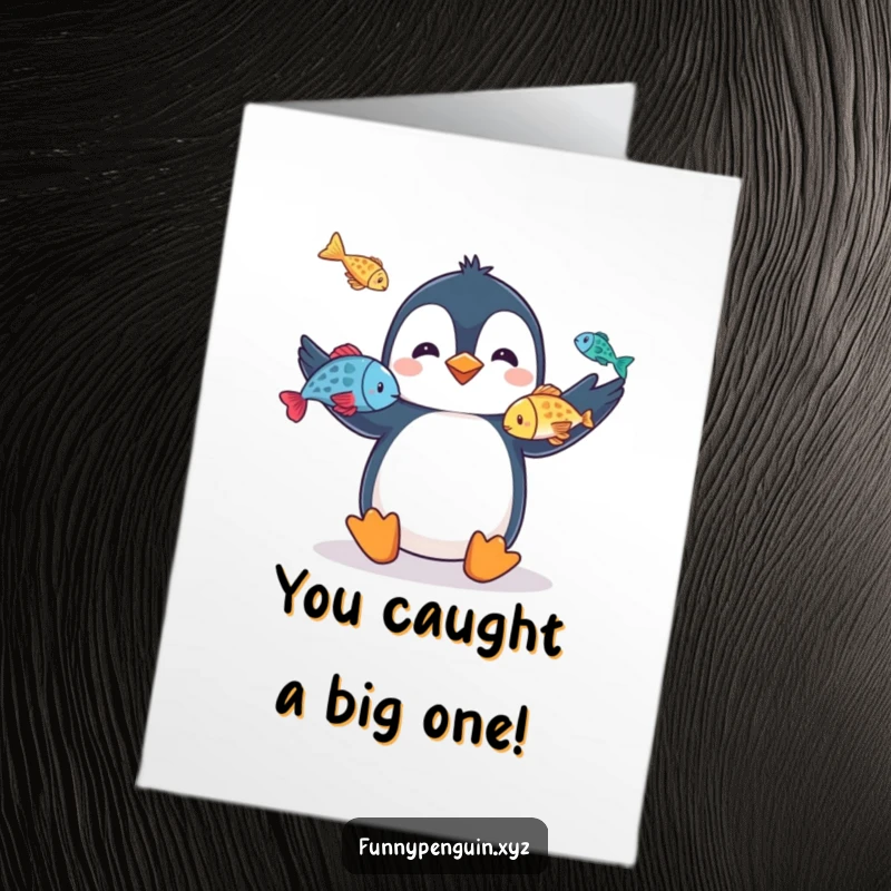 Funny Free Printable congratulations card showing a penguin juggling three colorful fish, symbolizing a successful and skillful accomplishment.