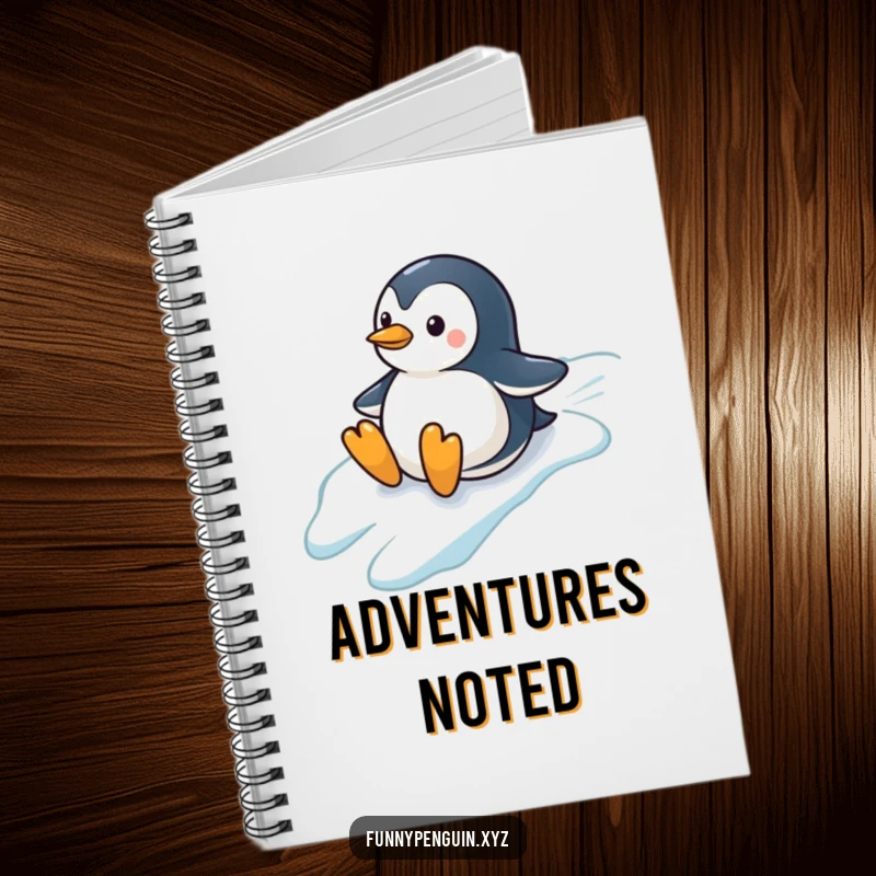 Funny notebook featuring a penguin sliding down an icy hill, perfect for writing notes, journaling, or sketching winter ideas.