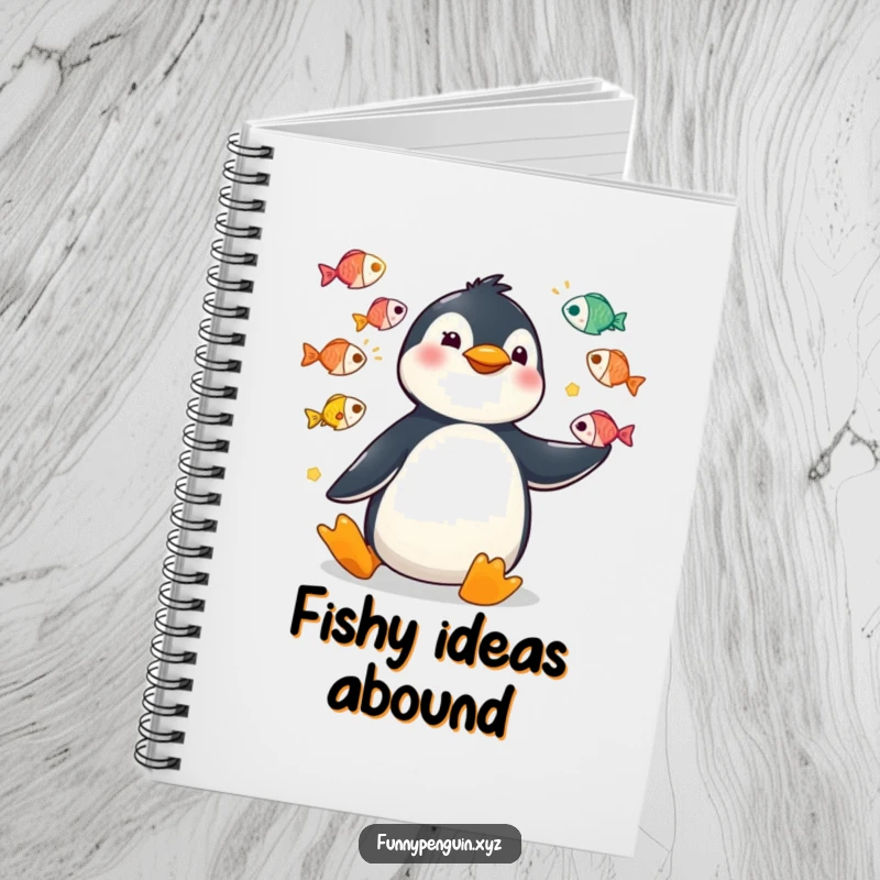Funny notebook with a kawaii penguin juggling colorful fish with exaggerated, comical movements.
