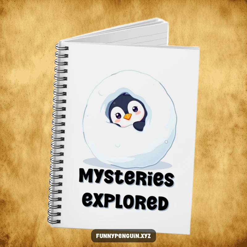 Funny notebook featuring a curious penguin peeking from behind a snowball, perfect for writing notes, journaling, or jotting down mysterious ideas.