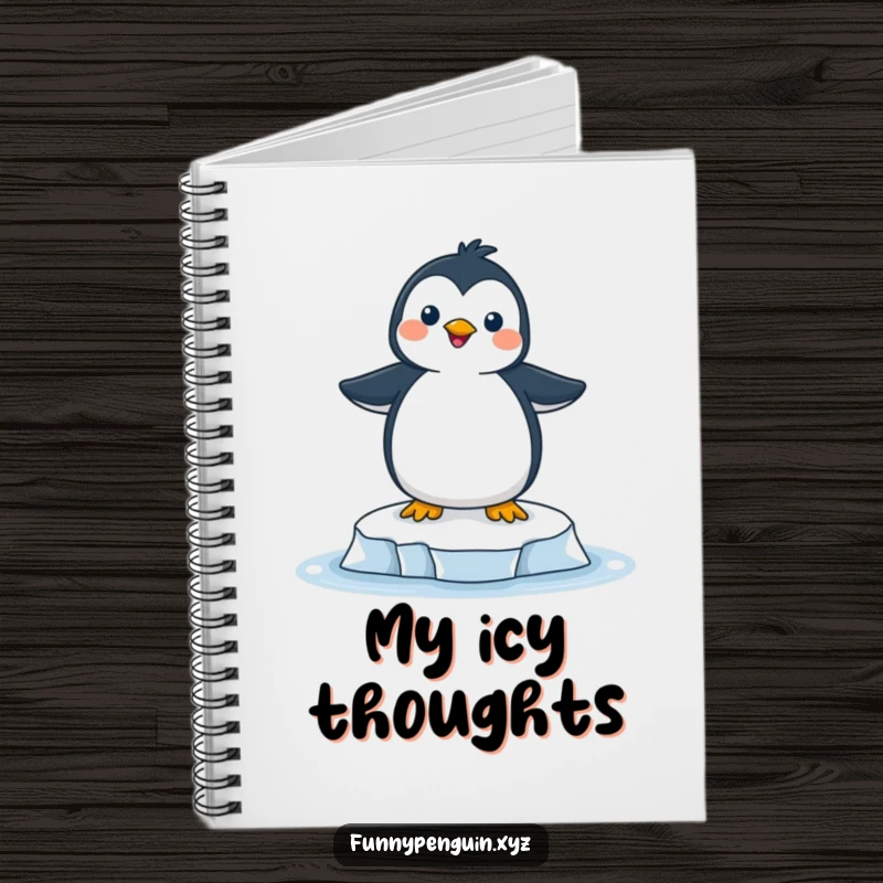 Funny notebook with a joyful penguin balanced on a precarious ice floe, ready to inspire your writing.