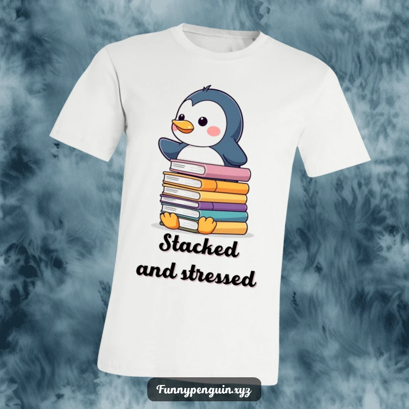 Funny t-shirt of a kawaii penguin struggling to balance a stack of slippery books, depicting a funny academic challenge.