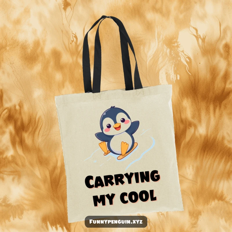 Funny tote bag featuring a kawaii penguin joyfully sliding down an icy slope, perfect for carrying winter essentials.