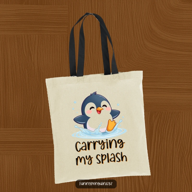 Funny tote bag featuring a kawaii penguin delightedly splashing in a puddle, perfect for joyful errands.