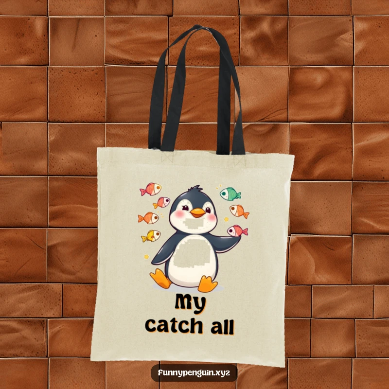 Funny tote bag featuring a kawaii penguin juggling a pile of colorful fish with big, funny motions.